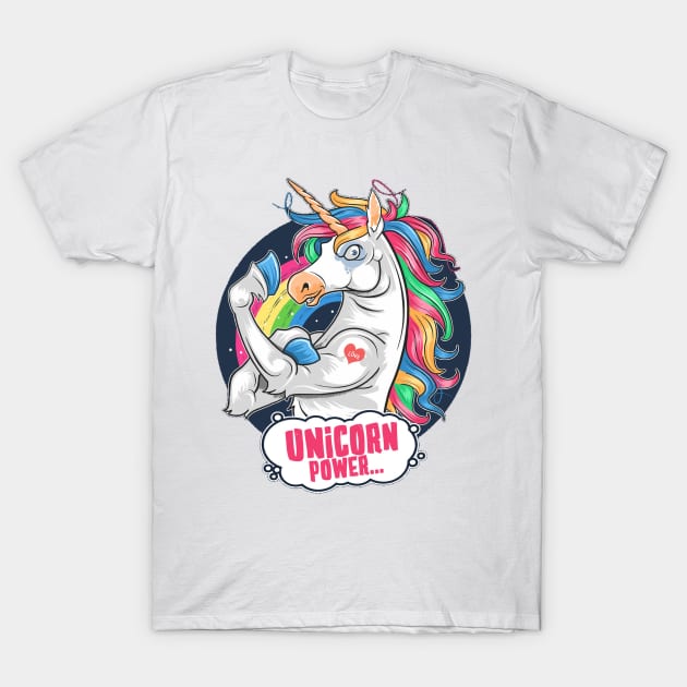 Unicorn Power - Magic Rainbow Cartoon Fantasy T-Shirt by bigbikersclub